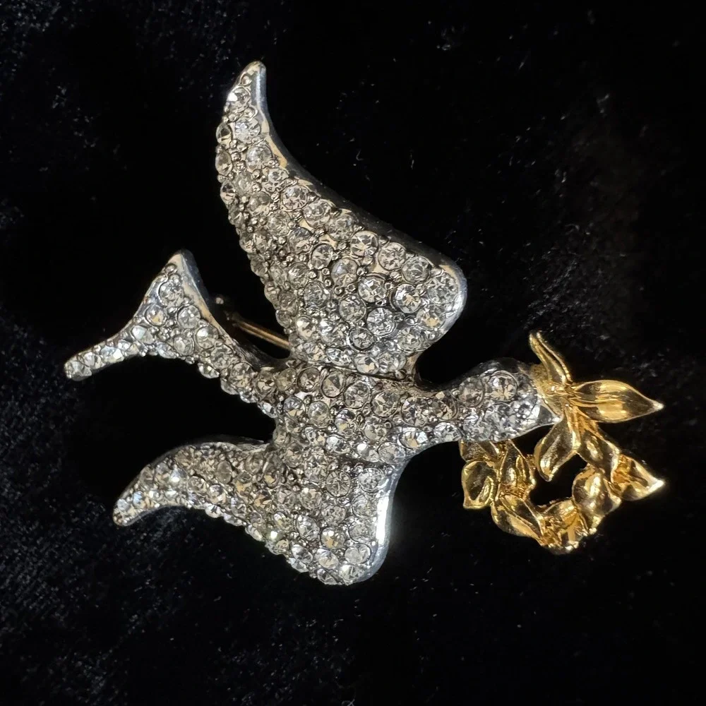 Vintage Monet Peace Dove Brooch Pin Rhinestone Silver Gold Tone Bird 2.5
